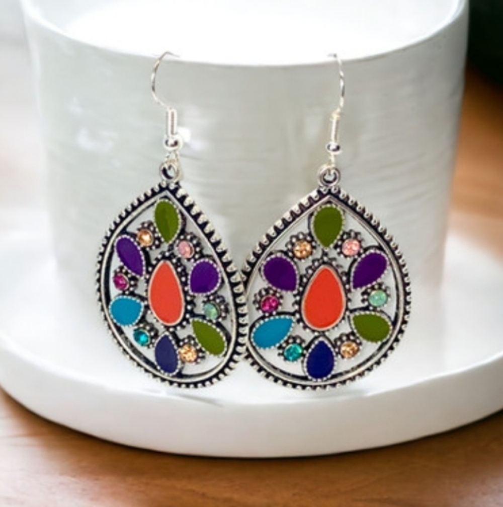 Colorful Crystals and Mosaic Enamel Teardrop Boho Earrings